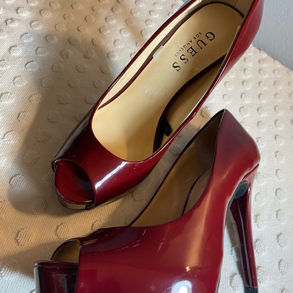 GUESS Burgundy Cacei Patent Leather Peep Toe Pump - Picture 8 of 16